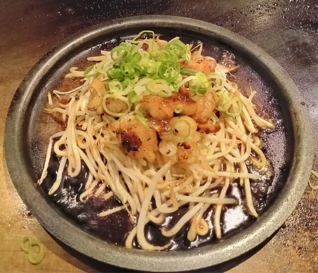 青ねぎをのせた鉄板の焼きそば